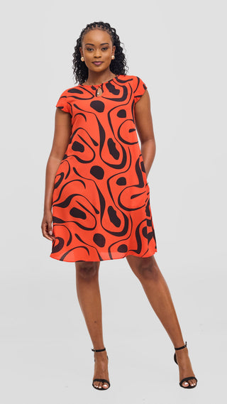 Vivo Sierra Cap Sleeve Tent Chiffon Dress - Dark Orange / Black Mohi Print