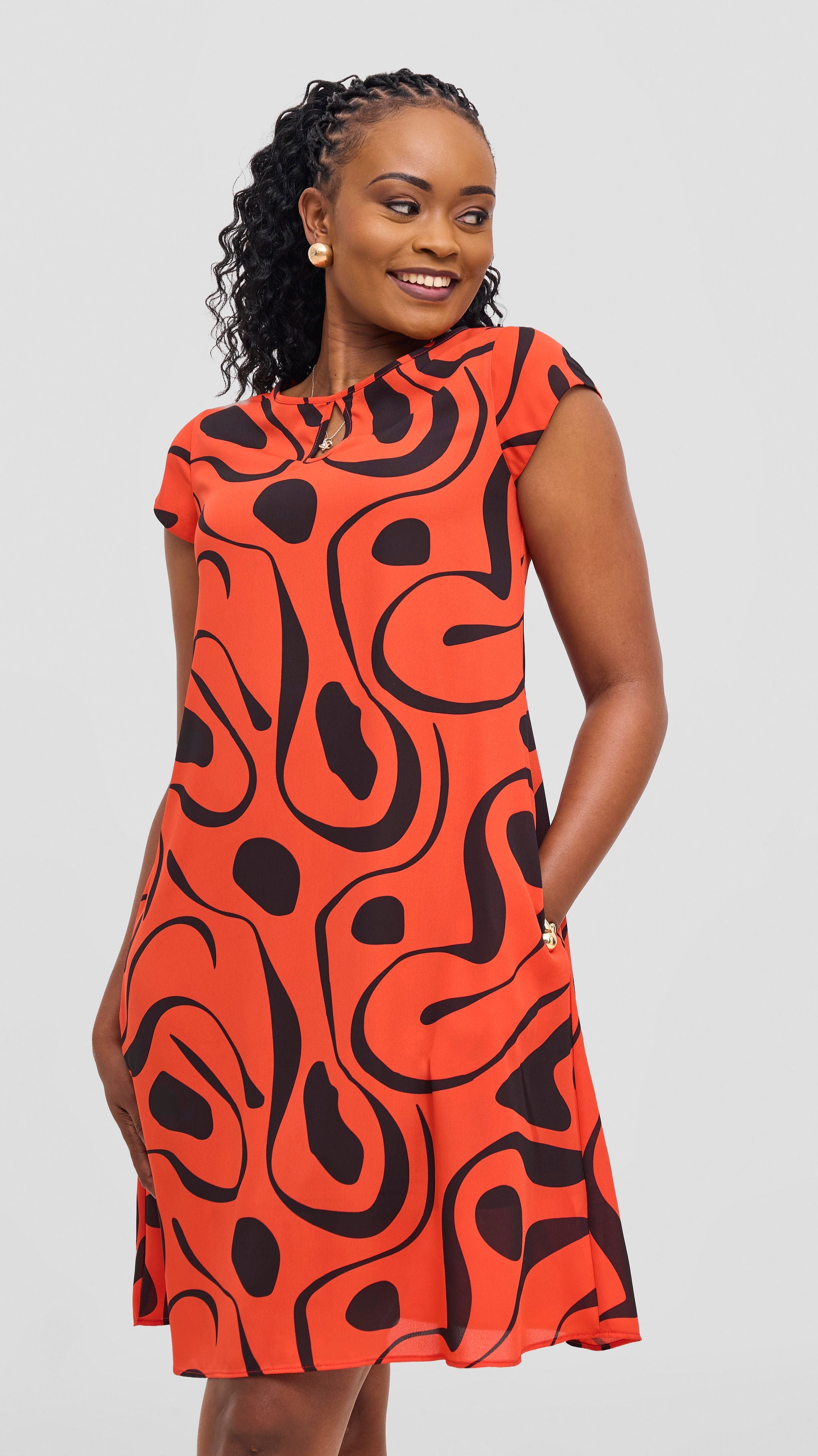 Vivo Sierra Cap Sleeve Tent Chiffon Dress - Dark Orange / Black Mohi Print