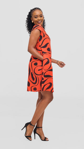 Vivo Sierra Cap Sleeve Tent Chiffon Dress - Dark Orange / Black Mohi Print