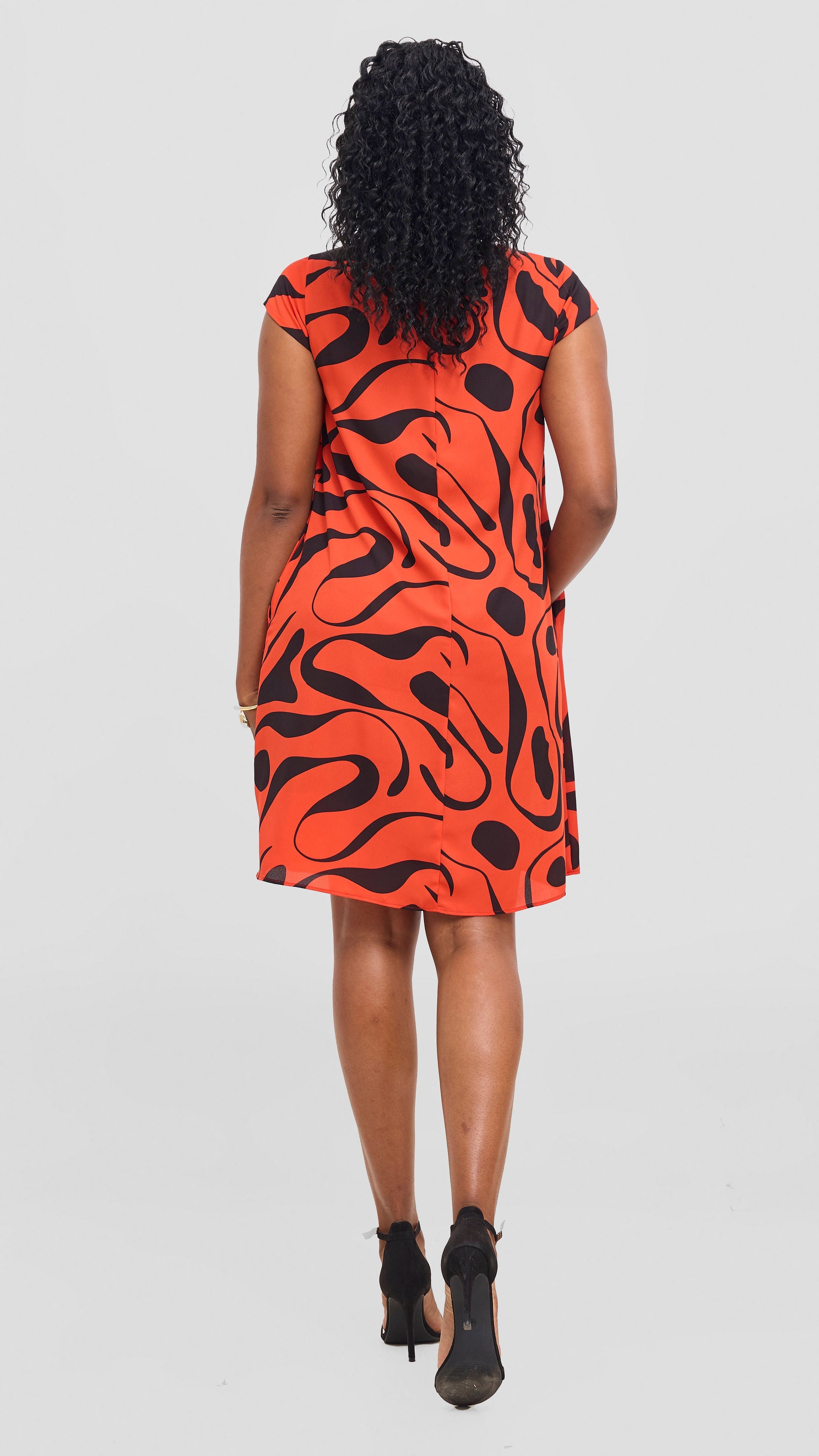 Vivo Sierra Cap Sleeve Tent Chiffon Dress - Dark Orange / Black Mohi Print