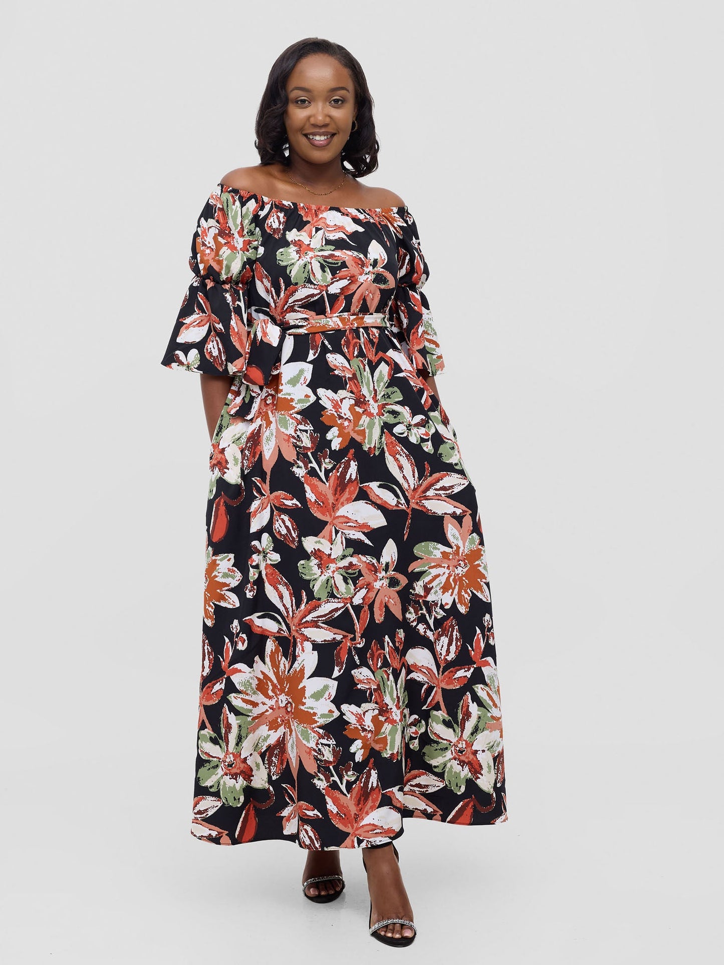 Vivo Tana Off Shoulder Maxi Dress - Multicolour Black Print