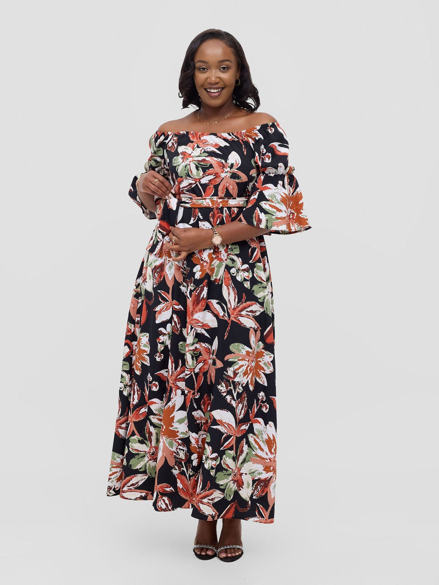 Vivo Tana Off Shoulder Maxi Dress - Multicolour Black Print