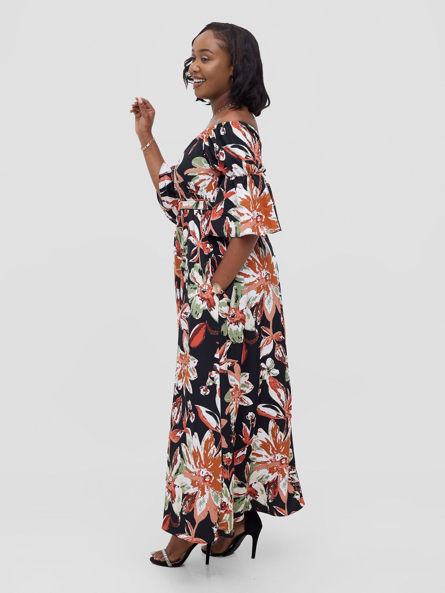 Vivo Tana Off Shoulder Maxi Dress - Multicolour Black Print