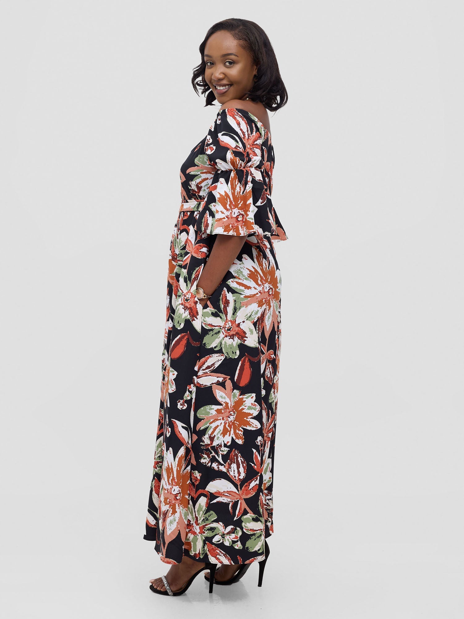 Vivo Tana Off Shoulder Maxi Dress - Multicolour Black Print