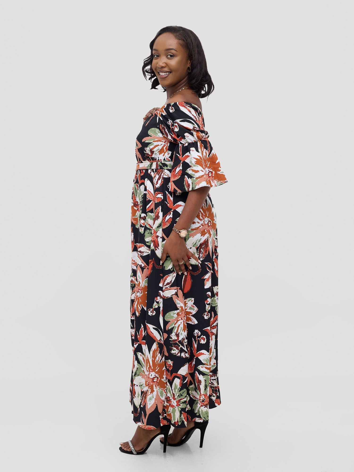 Vivo Tana Off Shoulder Maxi Dress - Multicolour Black Print