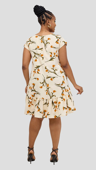 Vivo Dalia Cap Sleeve Gathered Knee Length Dress - Cream / Green Print