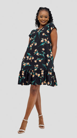 Vivo Dalia Cap Sleeve Gathered Knee Length Dress - Black / Peach Print