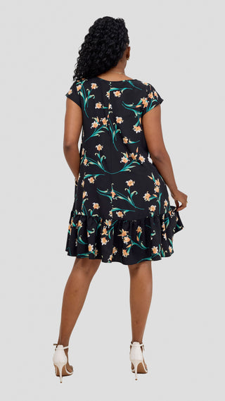 Vivo Dalia Cap Sleeve Gathered Knee Length Dress - Black / Peach Print