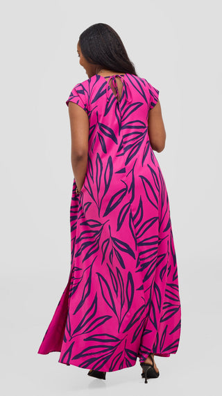 Vivo Kani Cap Sleeve Maxi Dress - Magenta  / Navy Sari Print