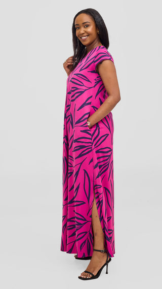 Vivo Kani Cap Sleeve Maxi Dress - Magenta  / Navy Sari Print