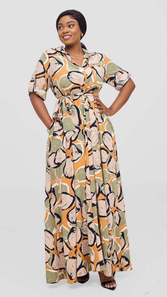Vivo Yumi Maxi Shirt Dress - Hunters / Orange Print