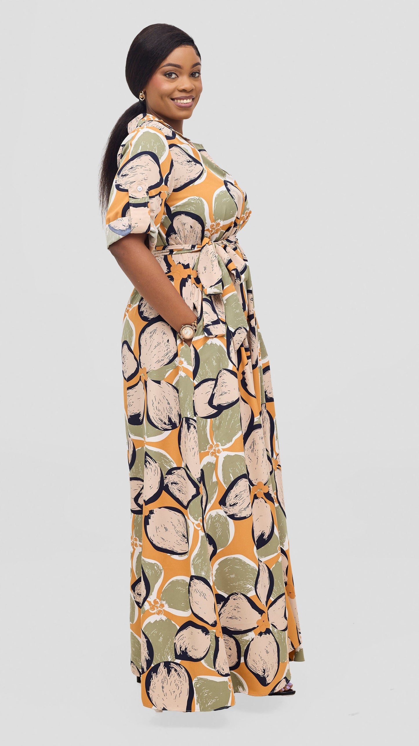 Vivo Yumi Maxi Shirt Dress - Hunters / Orange Print