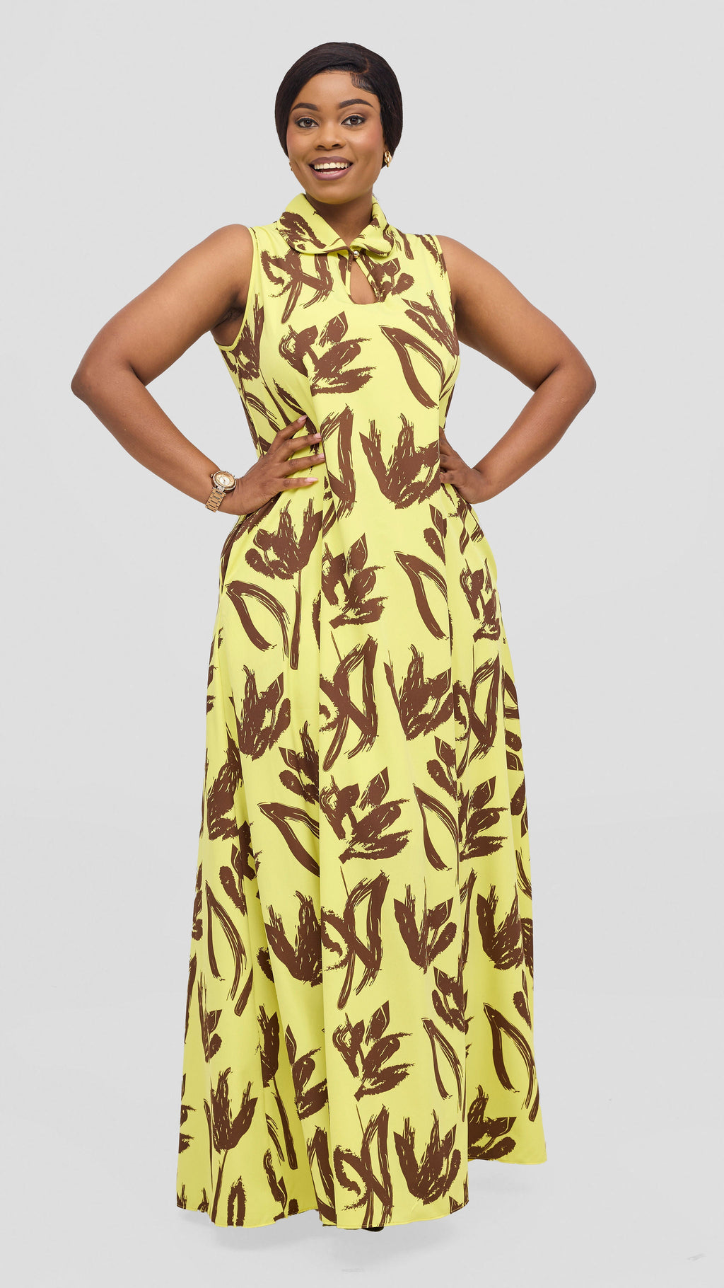 Vivo Asha Sleeveless Maxi Dress - Yelllow / Brown  Ela Print