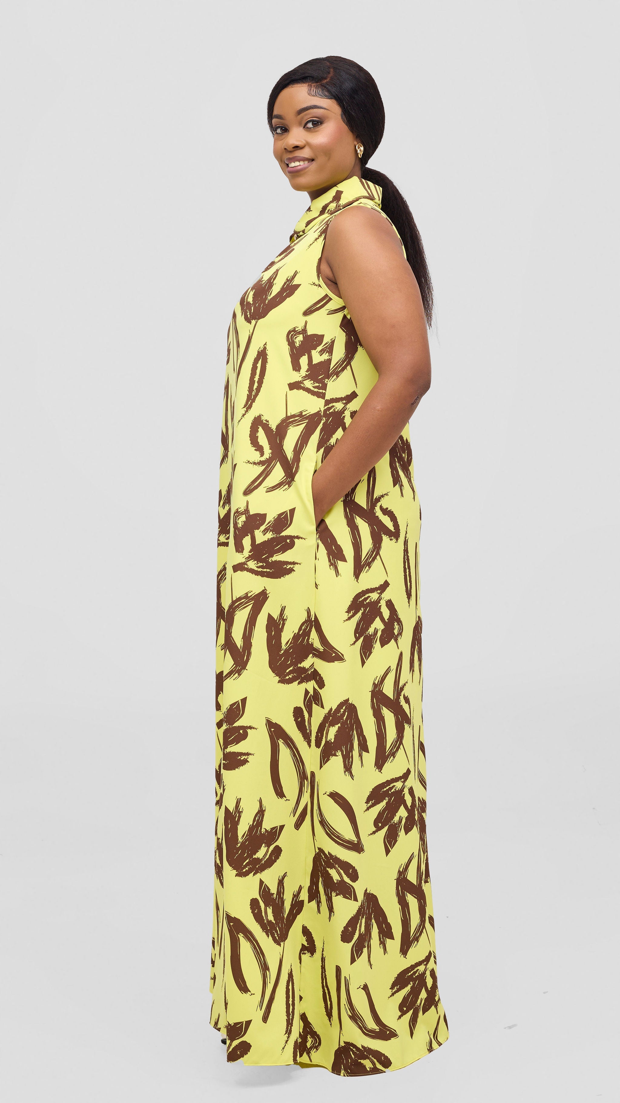 Vivo Asha Sleeveless Maxi Dress - Yelllow / Brown  Ela Print