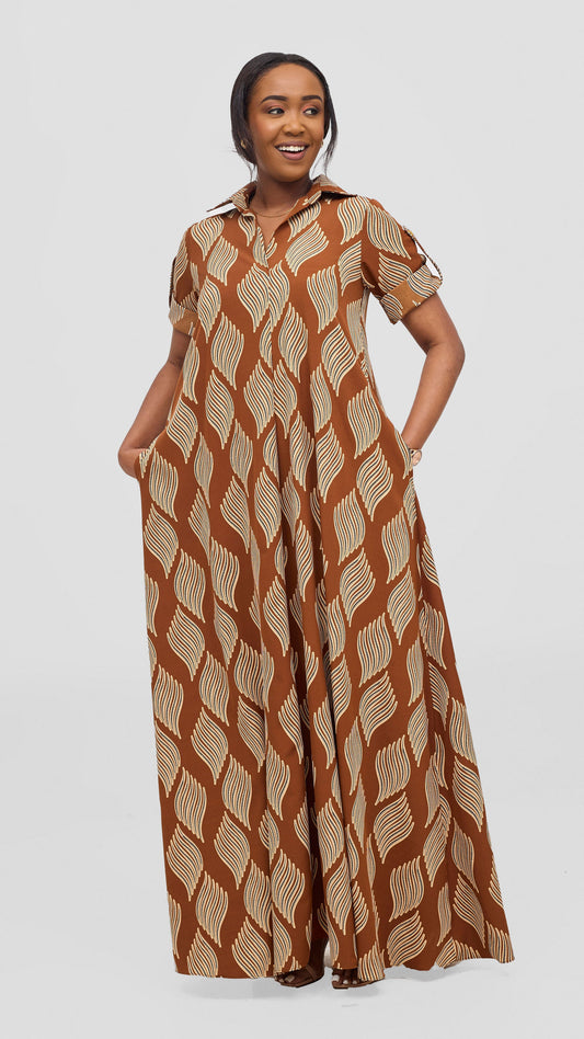 Vivo Yumi Maxi Shirt Dress - Brown / Beige Print