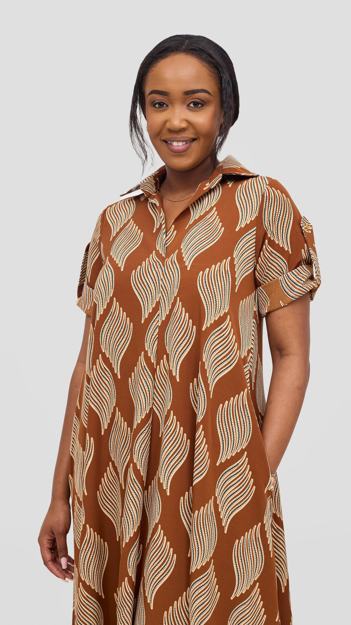 Vivo Yumi Maxi Shirt Dress - Brown / Beige Print