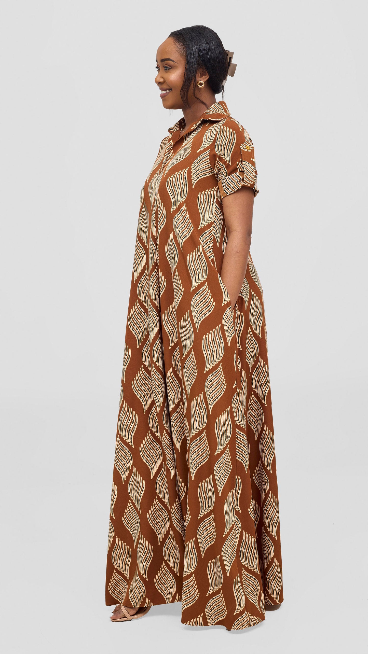 Vivo Yumi Maxi Shirt Dress - Brown / Beige Print