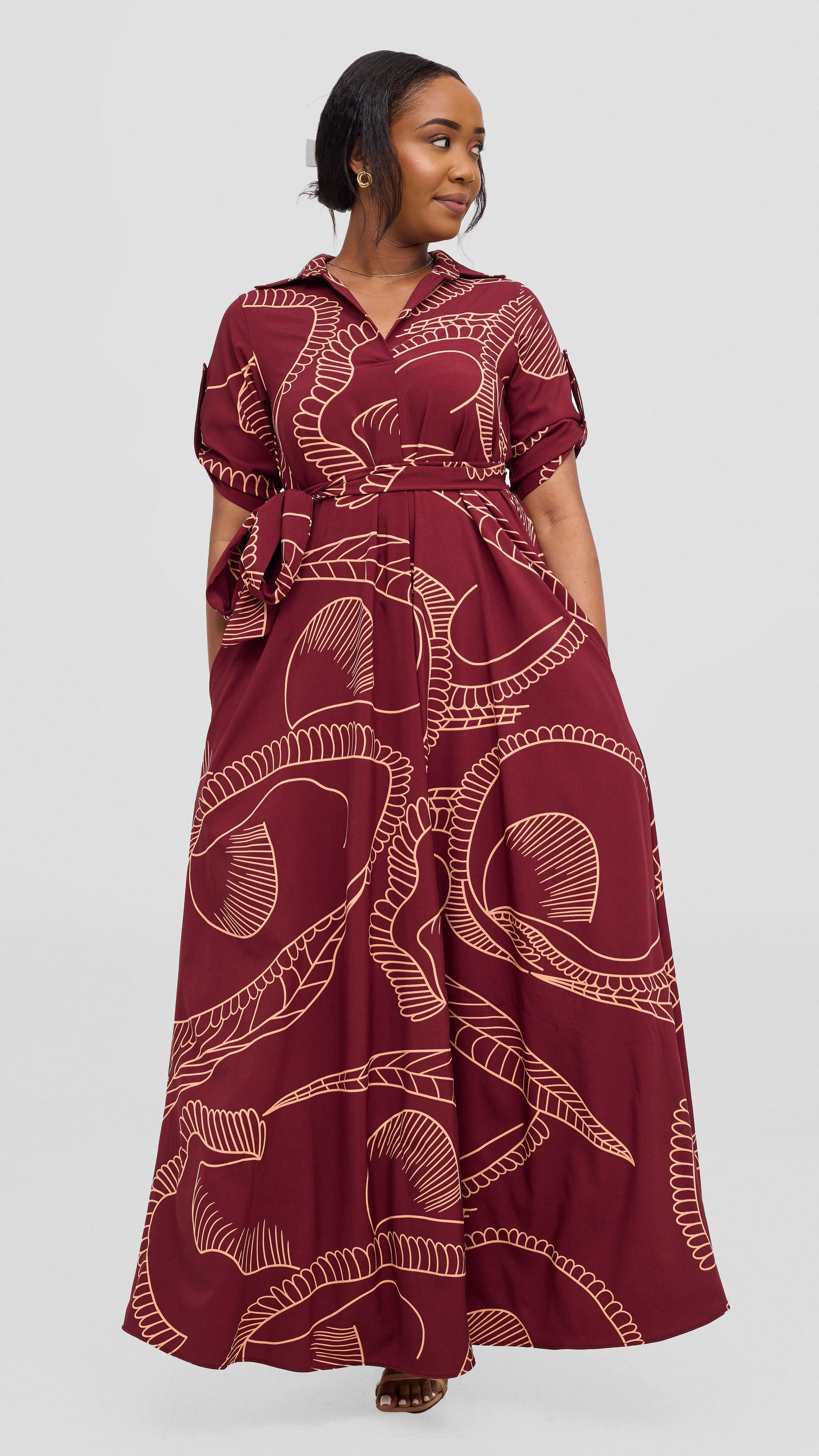 Vivo Yumi Maxi Shirt Dress - Burgundy / Peach Print