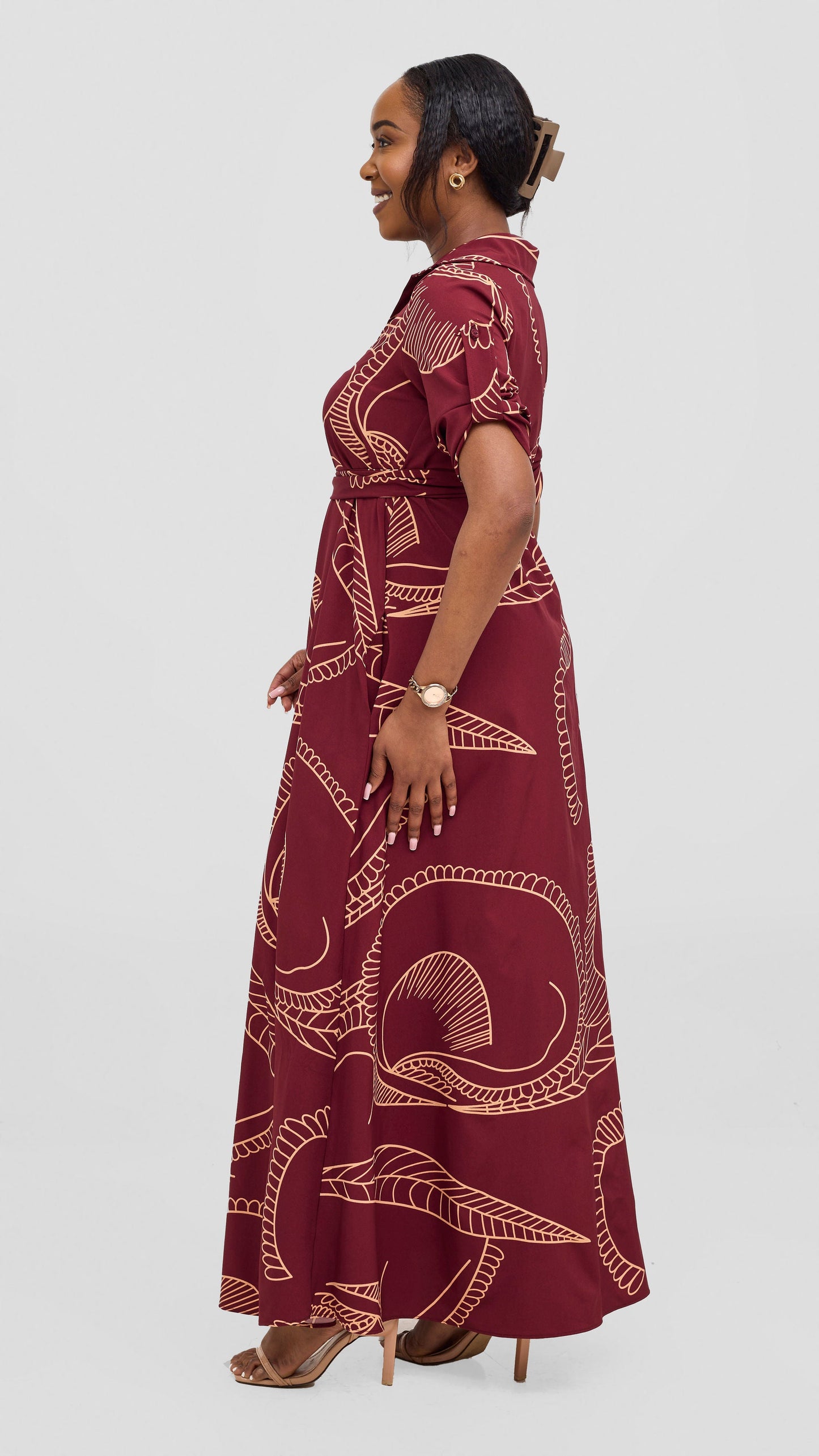 Vivo Yumi Maxi Shirt Dress - Burgundy / Peach Print