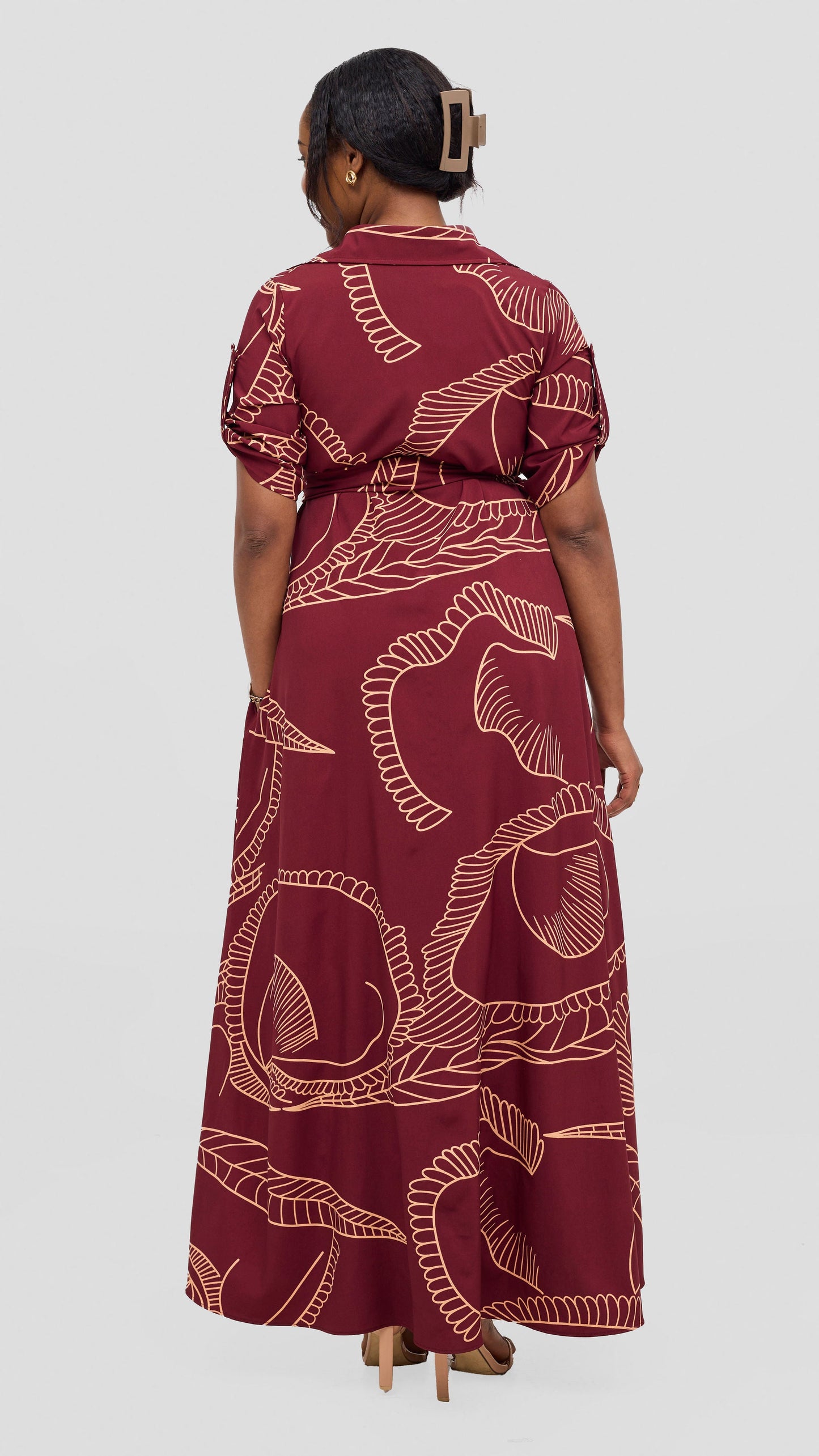 Vivo Yumi Maxi Shirt Dress - Burgundy / Peach Print