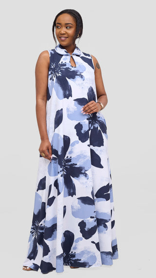 Vivo Asha Sleeveless Maxi Dress - Dark Navy / Grey Lalo Print