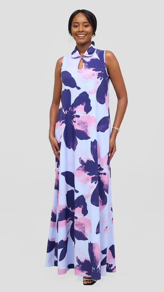 Vivo Asha Sleeveless Maxi Dress - Eggplant / Pink Lalo Print