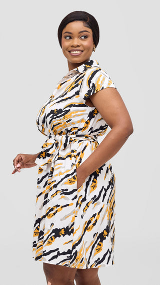 Vivo Zuri Cap Sleeve Knee Length Dress - White / Mustard Print