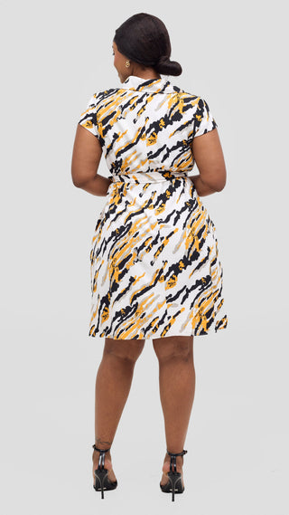 Vivo Zuri Cap Sleeve Knee Length Dress - White / Mustard Print