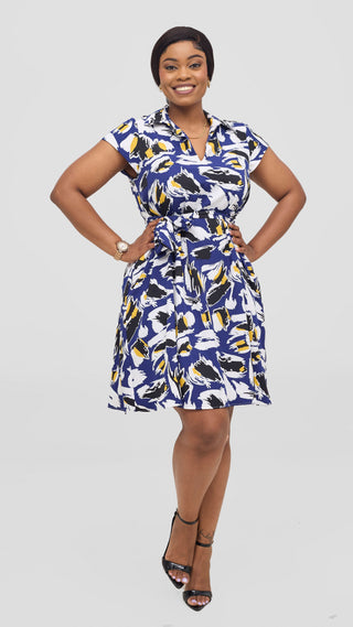 Vivo Zuri Cap Sleeve Knee Length Dress - Blue / Black Print