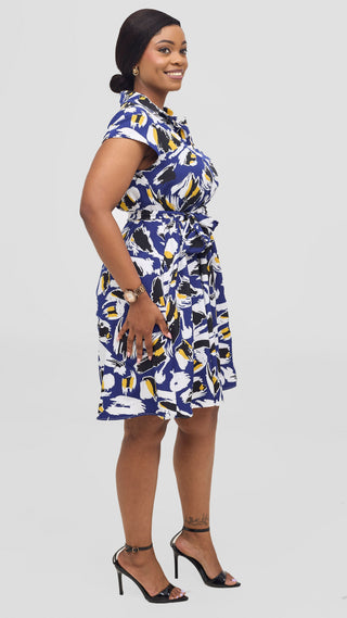 Vivo Zuri Cap Sleeve Knee Length Dress - Blue / Black Print
