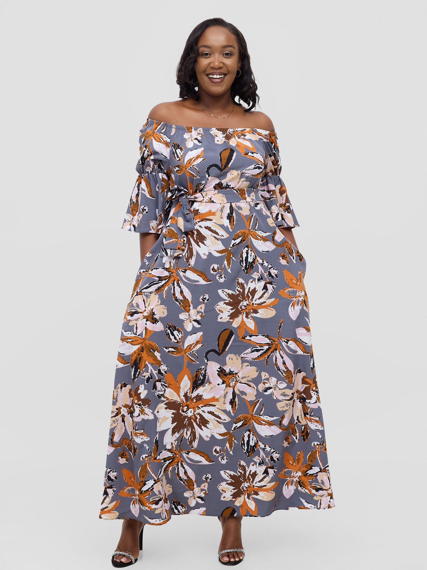 Vivo Tana Off Shoulder Maxi Dress - Multicolour Grey Print