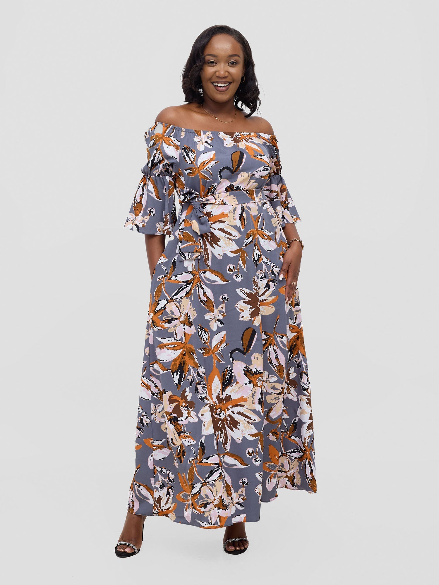 Vivo Tana Off Shoulder Maxi Dress - Multicolour Grey Print