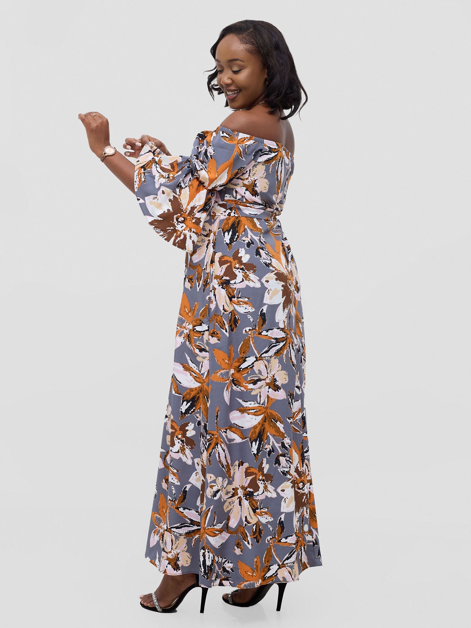 Vivo Tana Off Shoulder Maxi Dress - Multicolour Grey Print