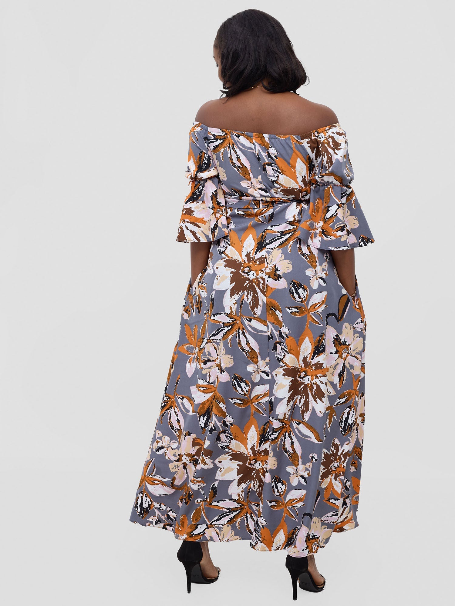 Vivo Tana Off Shoulder Maxi Dress - Multicolour Grey Print