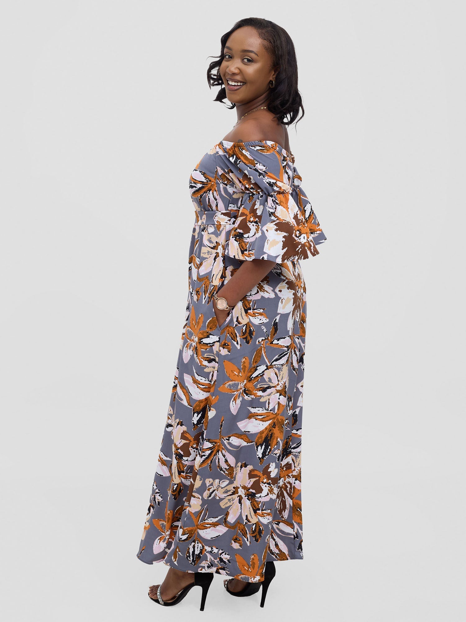 Vivo Tana Off Shoulder Maxi Dress - Multicolour Grey Print