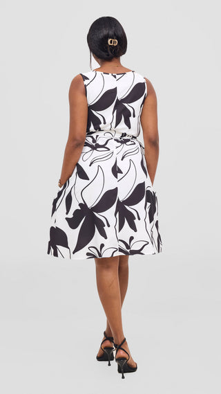 Vivo Basic Sleeveless Tent Dress - White / Black Print