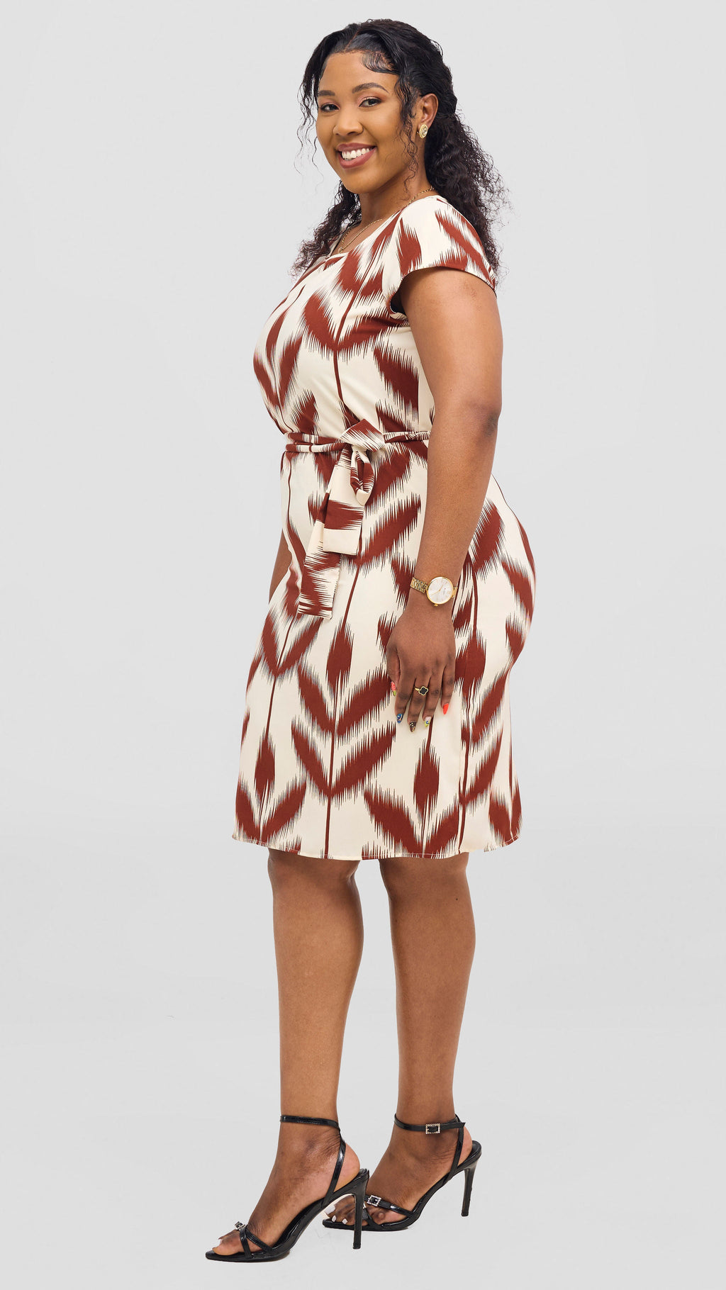 Vivo Muna Cap Sleeve Knee Length Dress - Rust / Cream Print