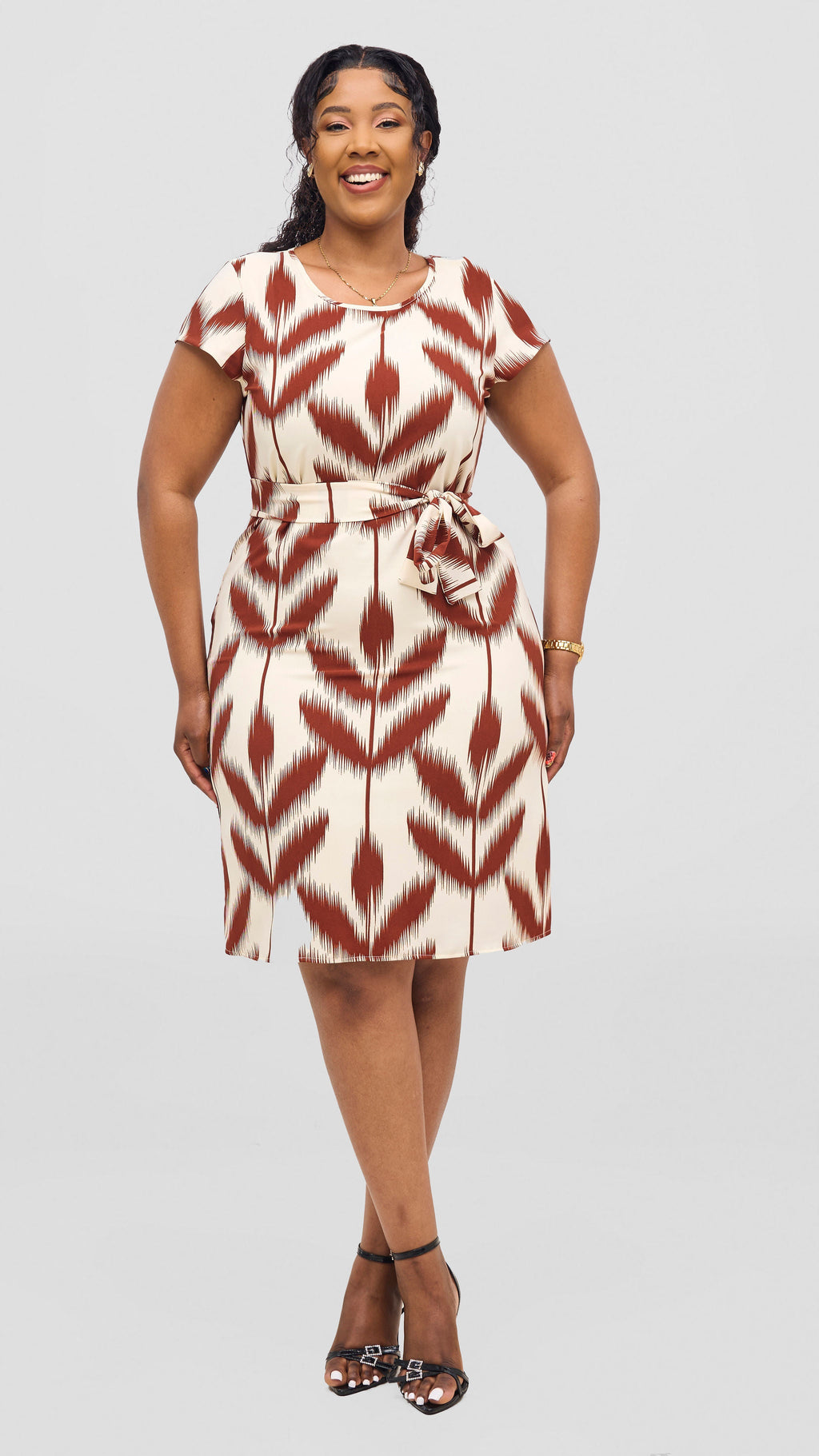 Vivo Muna Cap Sleeve Knee Length Dress - Rust / Cream Print