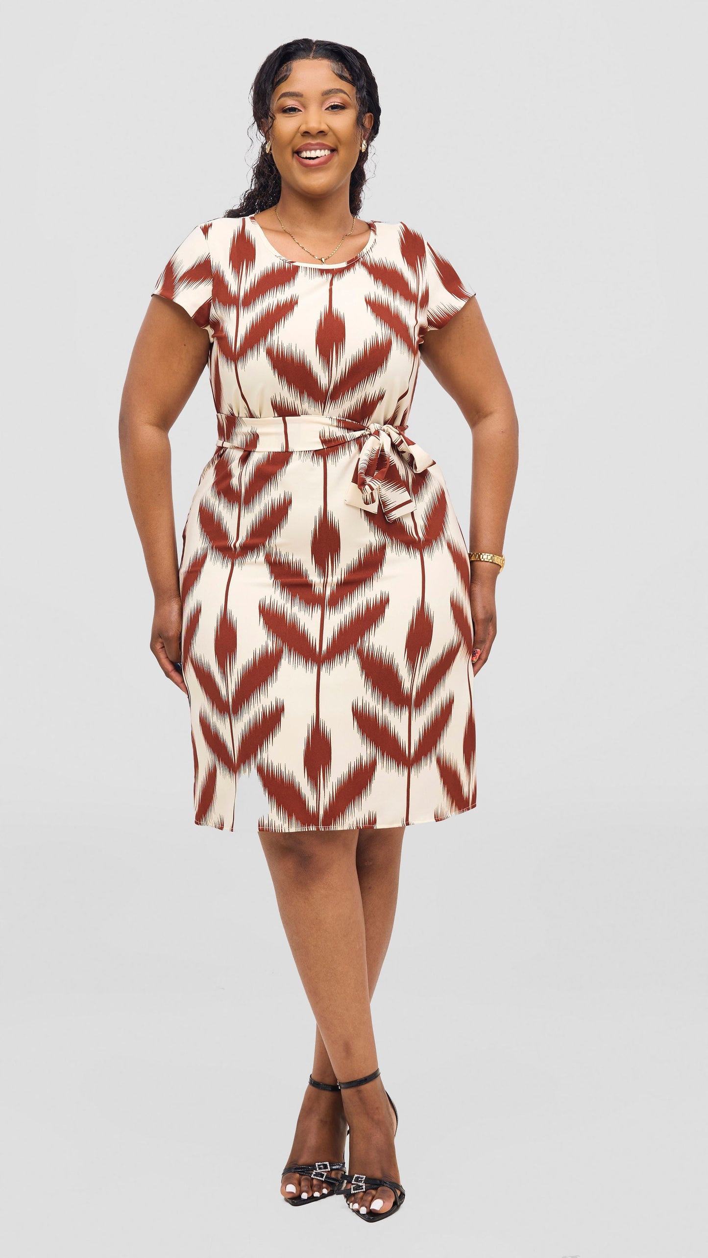 Vivo Muna Cap Sleeve Knee Length Dress - Rust / Cream Print