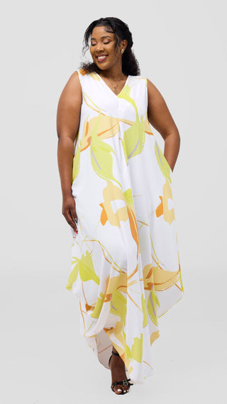 Vivo Kemi Side Cowl Maxi Dress - White / Lime Emi Print