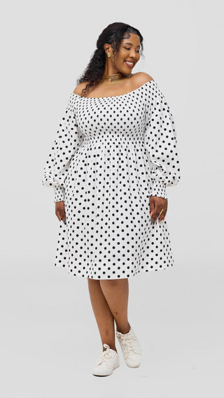 Safari Nazari Off Shoulder Dress - White / Black Polka Print
