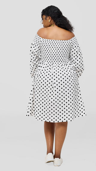Safari Nazari Off Shoulder Dress - White / Black Polka Print