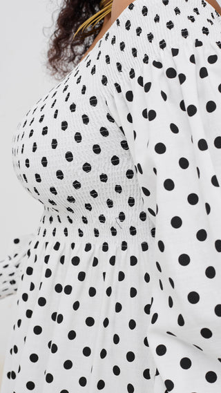 Safari Nazari Off Shoulder Dress - White / Black Polka Print
