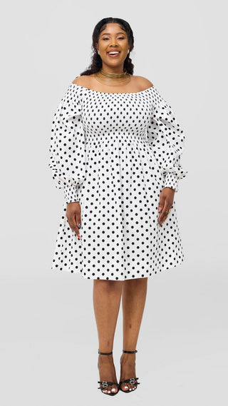 Safari Nazari Off Shoulder Dress - White / Black Polka Print