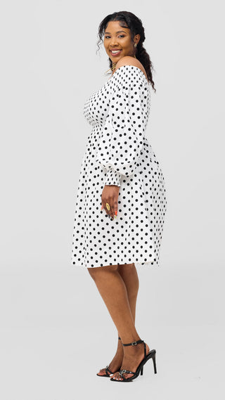 Safari Nazari Off Shoulder Dress - White / Black Polka Print