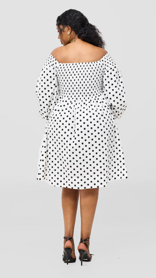 Safari Nazari Off Shoulder Dress - White / Black Polka Print