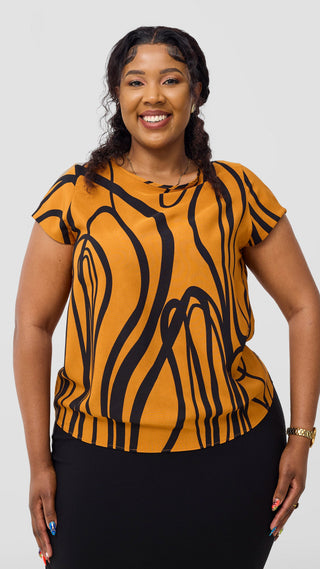 Vivo Basic Crepe Cap Sleeve Top - Rust / Black Print