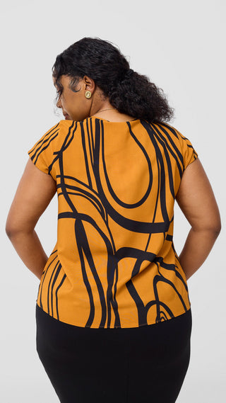 Vivo Basic Crepe Cap Sleeve Top - Rust / Black Print