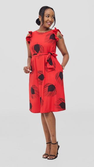 Vivo Nasinka A-Line Knee Length Dress - Red / Black Fani Print