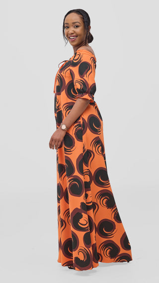 Vivo Situ Off-Shoulder Tie Maxi Dress - Orange / Black Lina Print